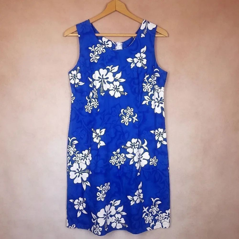 Vintage Hawaiian Pacific Legend Blue White Floral Sleeveless Dress Size Large